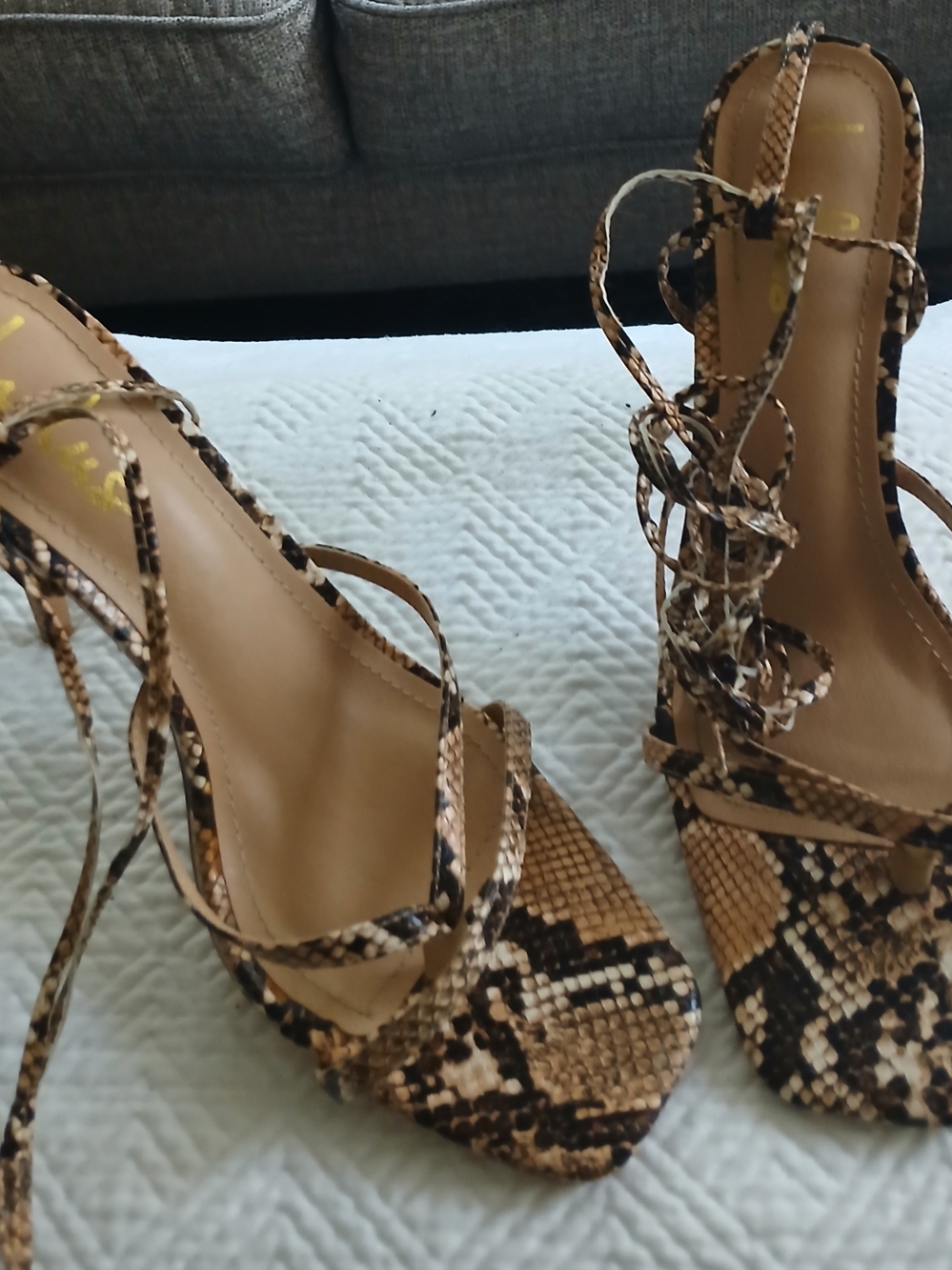 LULUS Strappy Snake-Print Lace-Up Sandals in Brown